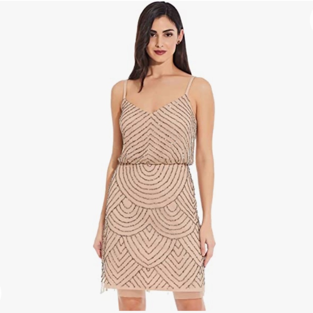Adrianna Papell Women's Sleeveless V-Neck Blouson Beaded Cocktail Dress